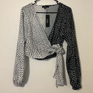 Lulus Black & White Two-Tone Long Sleeve Wrap Top